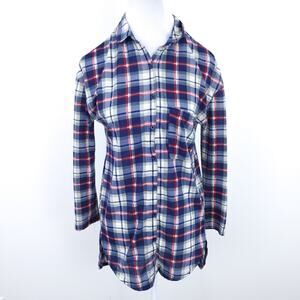 Rue 21 Flannel Tunic Medium Jrs. Blue Red Plaid, Shirttail Hem, Long Sleeve